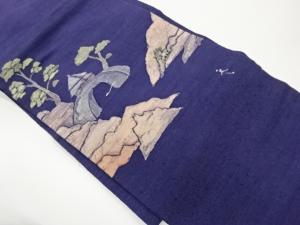 作家物　手織り紬風景模様織出し名古屋帯